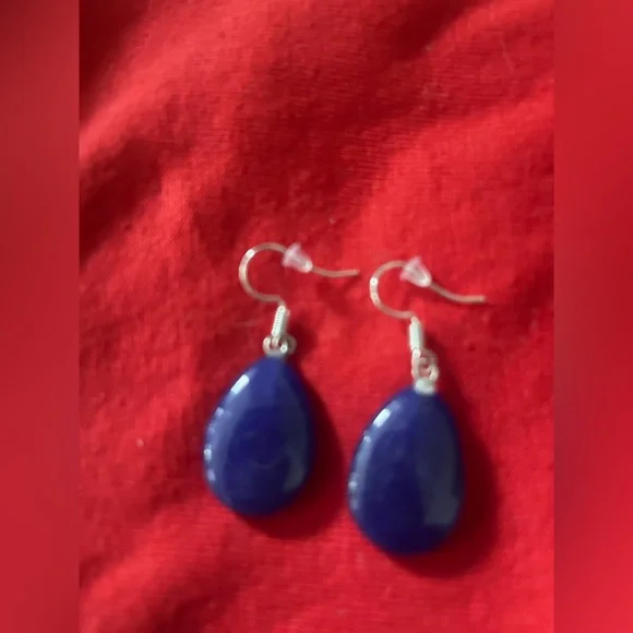Hand Crafted Blue Lapis Lazuli Dangle Hook Pierced Earrings Hand Made - Picture 2 of 2